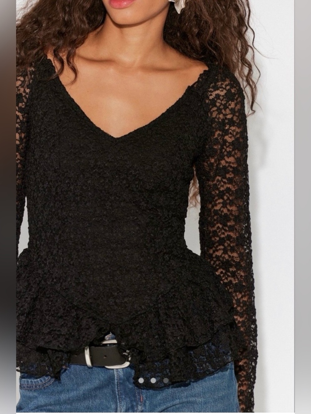 Free People Women Black Lace V-Neck Peplum Top. Sz: S NWT